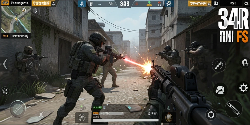 Screenshot utama 34R menunjukkan aksi seru di medan perang FPS.
