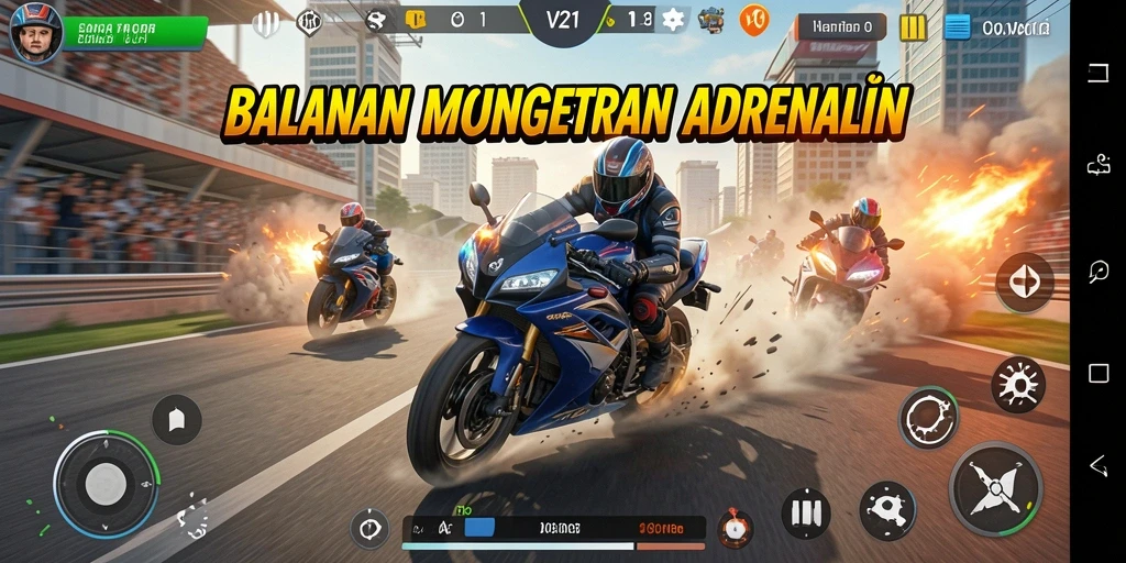 Gameplay seru V21 di lintasan balapan motor.