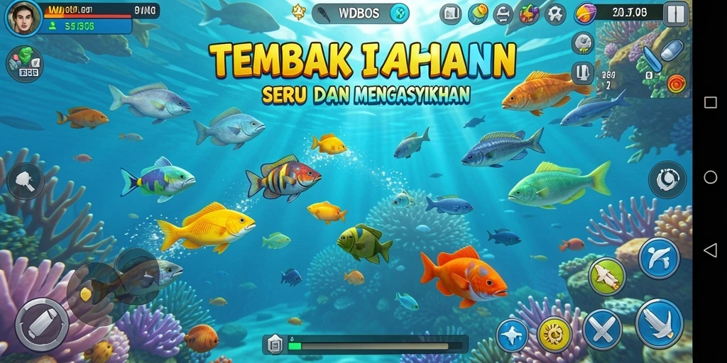 Screenshot gameplay WDBOS dengan aksi tembak ikan yang menarik.